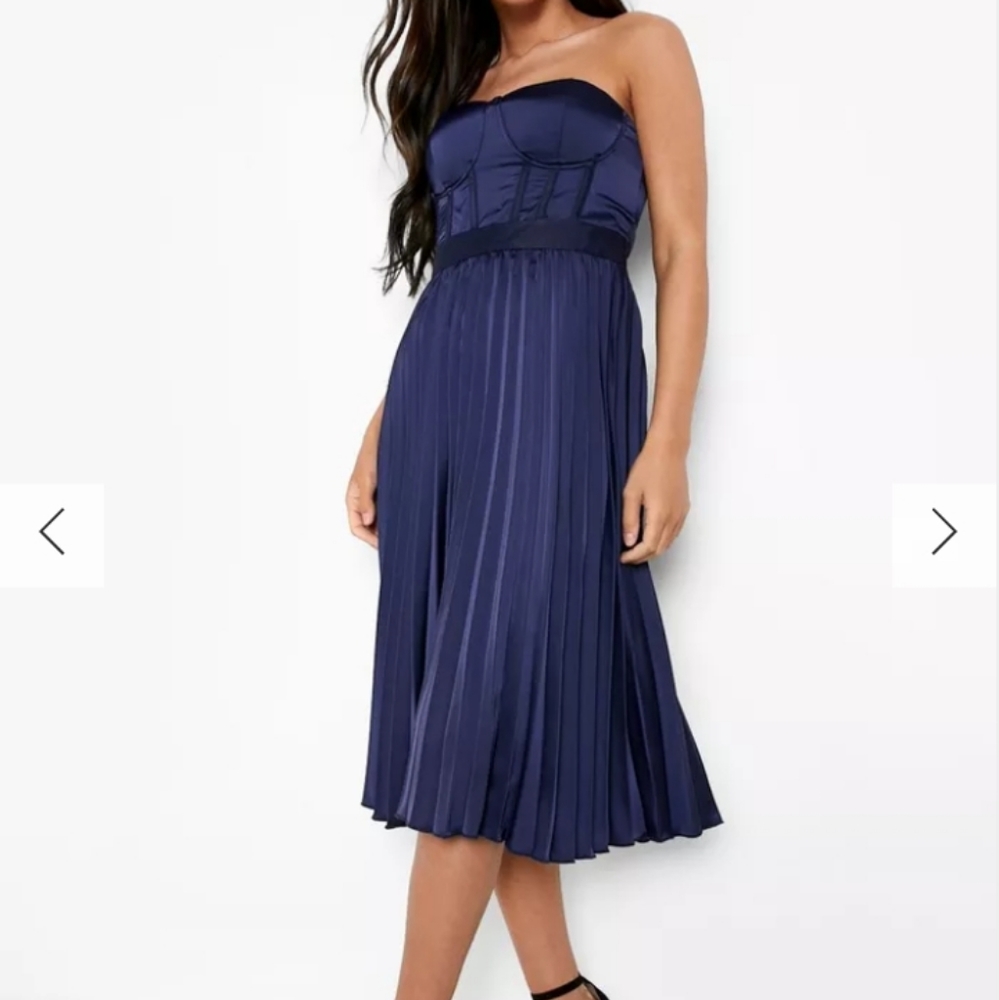 PLEATED SATIN BANDEAU CORSET MIDI DRESS